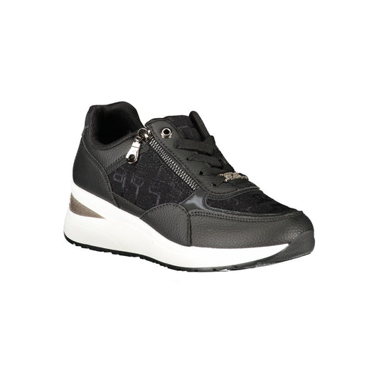 A black women's sneaker with white sole, featuring a zipper on the side and a logo on the tongue
