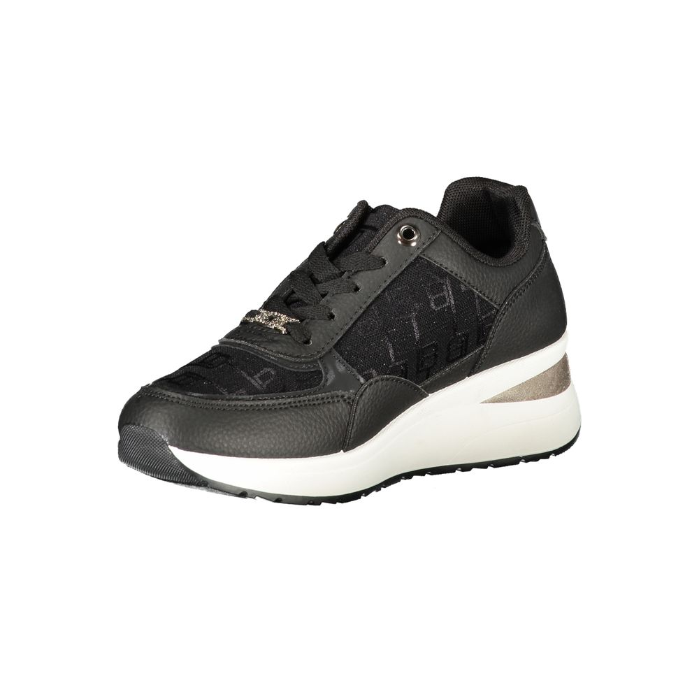 A black women's sneaker with white sole, featuring a lace-up design and a patterned texture on the upper