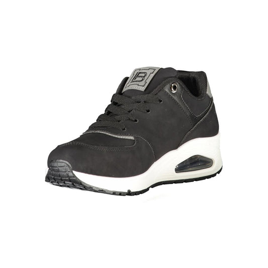 A black women's sneaker with white laces and a white sole