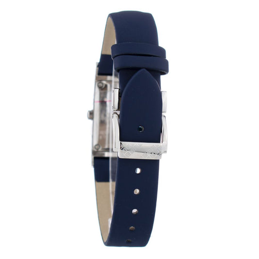 A blue leather watch with a silver buckle