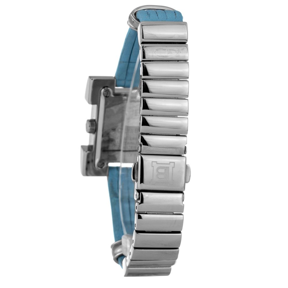 A blue leather watch with silver accents