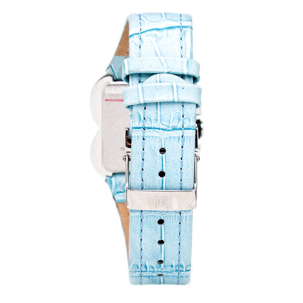 A blue leather watch with a silver buckle