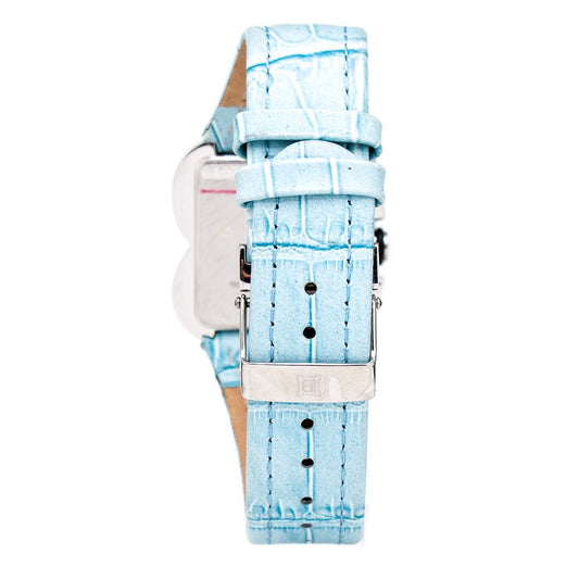 A blue leather watch with a silver buckle