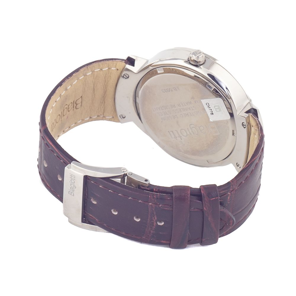 A brown leather watch with a silver face and buckle, featuring the brand name "Laura Biagiotti" on the dial