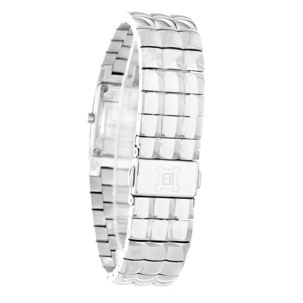 Silver bracelet with gray stainless steel links, featuring a watch face and clear crystals on the band