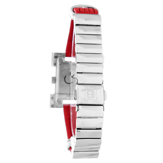 Silver watch with red strap and leather lining
