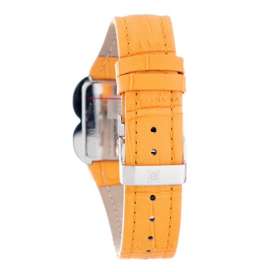 Orange leather watch with silver buckle and face