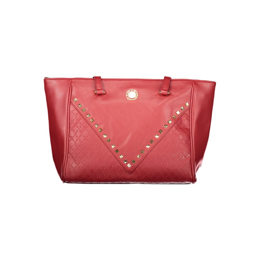 Red leather handbag with studded detailing on front