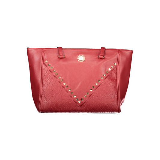 Red leather handbag with studded detailing on front