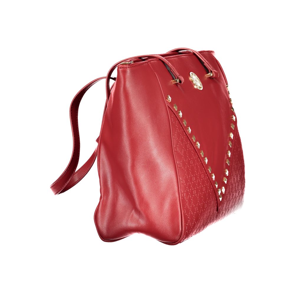 Red leather handbag with gold studs on front