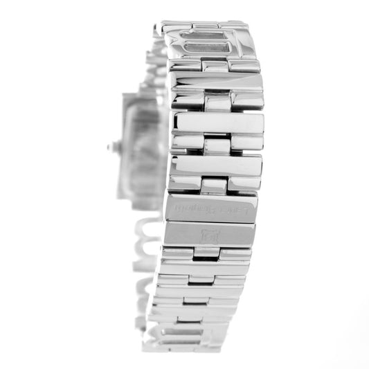A silver stainless steel watch with a white face, black hands, and a logo on the dial