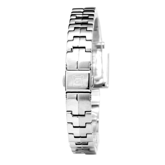 A silver stainless steel watch with a white face and black hands