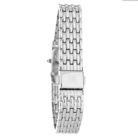 A silver stainless steel watch with a white face and black hands