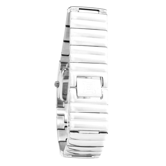 A silver stainless steel watch with a square face and a push button on the side