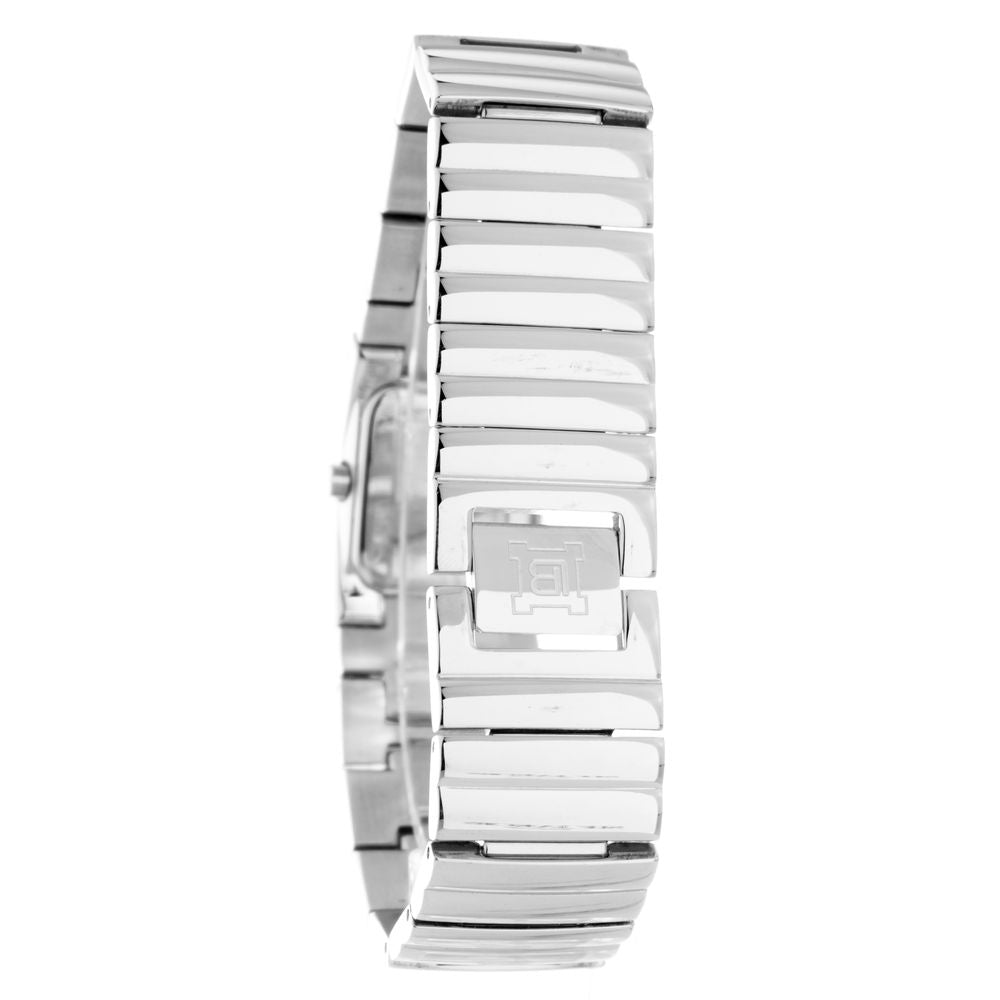 A silver stainless steel watch with a white face, featuring a logo on the clasp and a bracelet