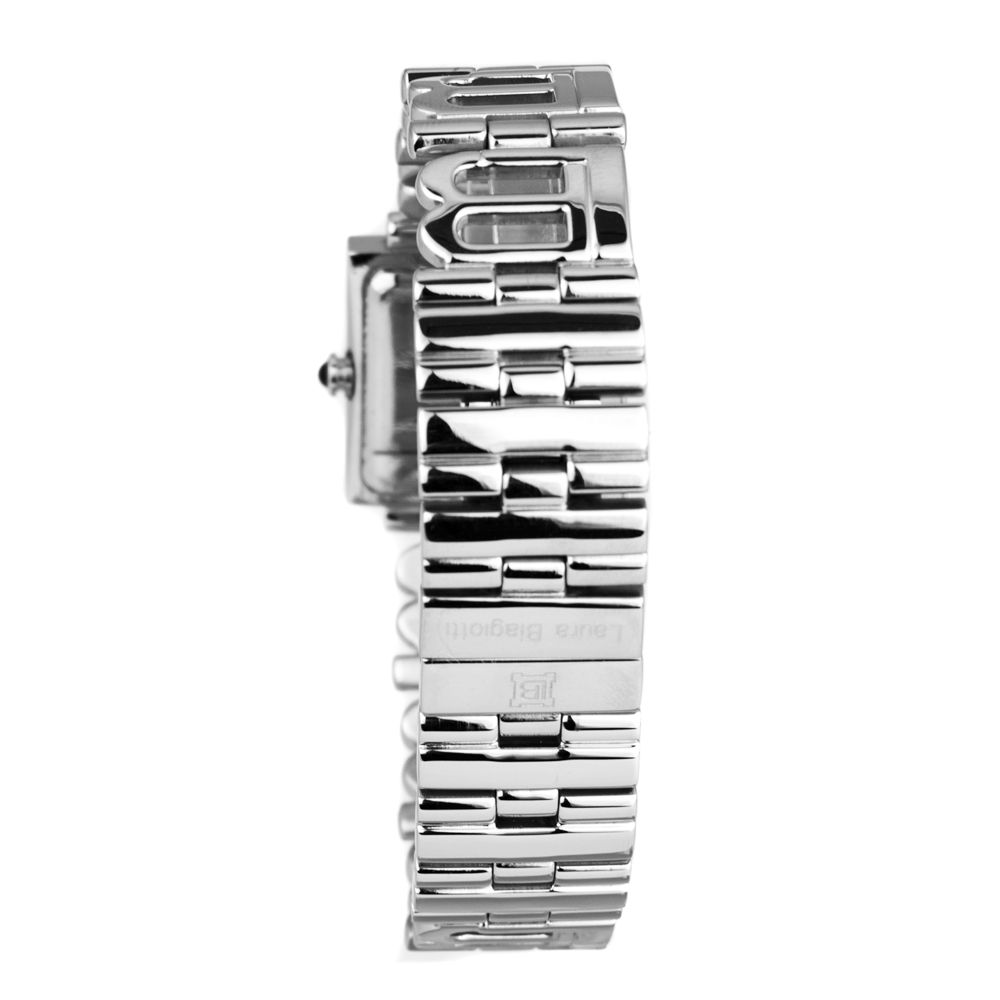 A silver stainless steel watch with a bracelet, featuring a brand logo on the face and a date window