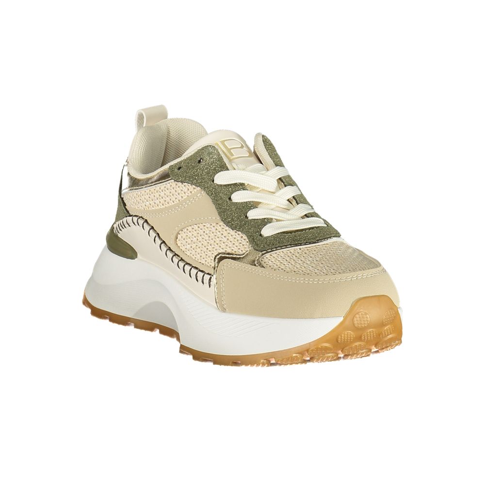 A pair of women's sneakers with a green upper, white sole, and laces