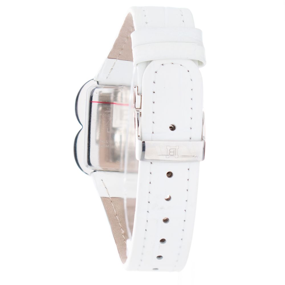 A white leather watch with a silver buckle