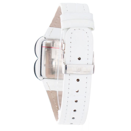 A white leather watch with a silver buckle