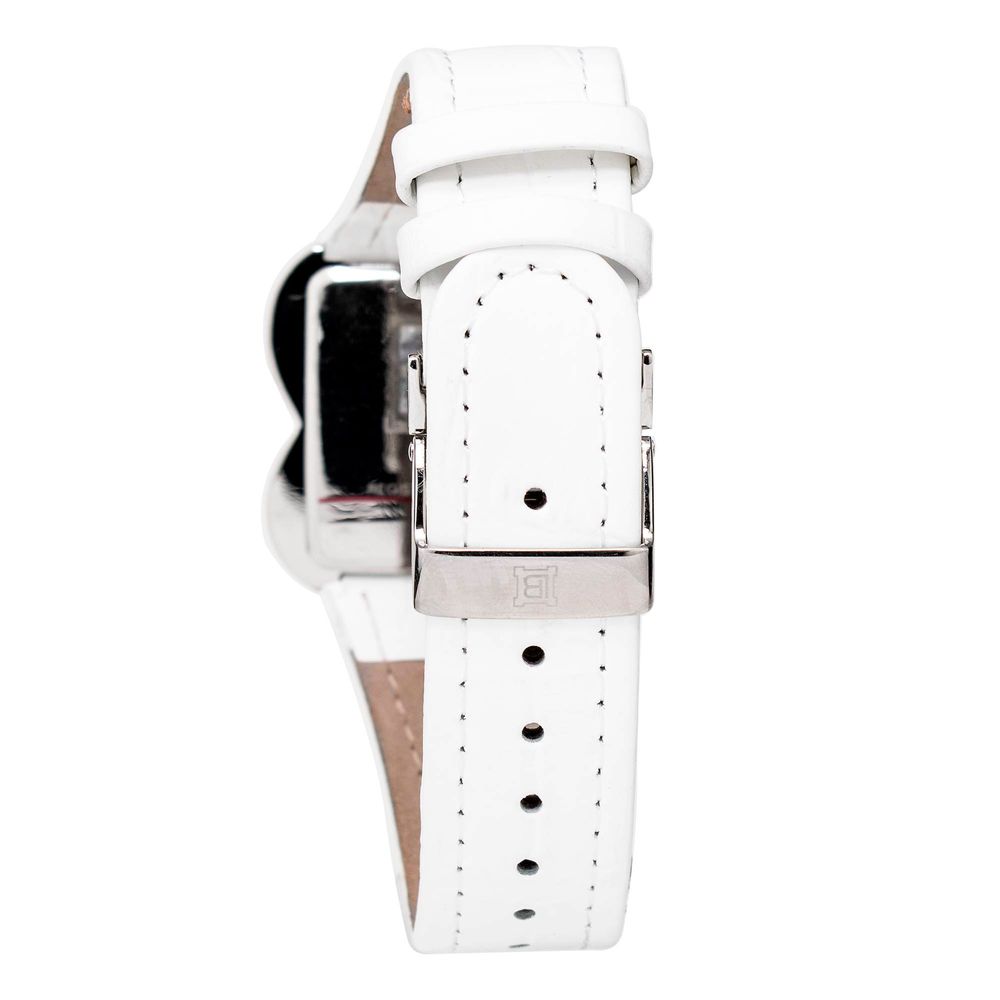 A white leather watch with a silver buckle