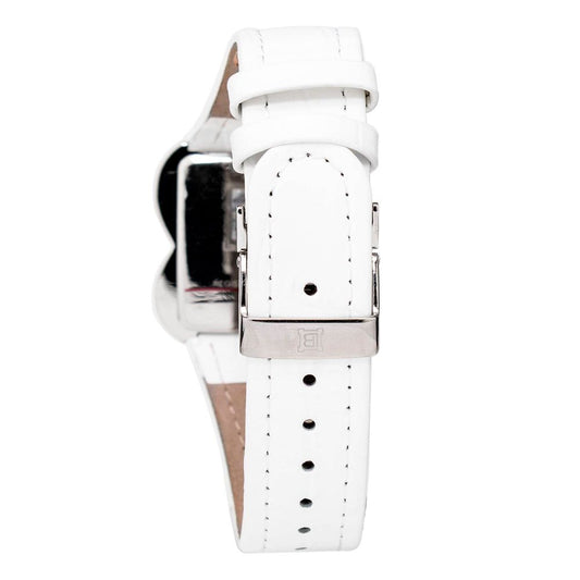 A white leather watch with a silver buckle