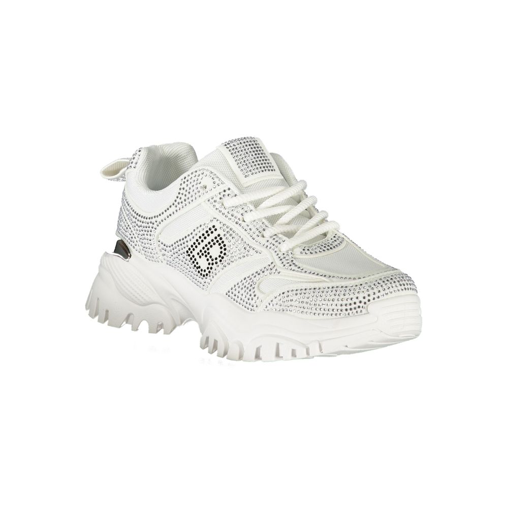 A white sneaker with a glittery texture