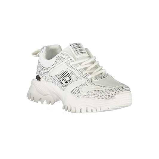 A white sneaker with a glittery texture