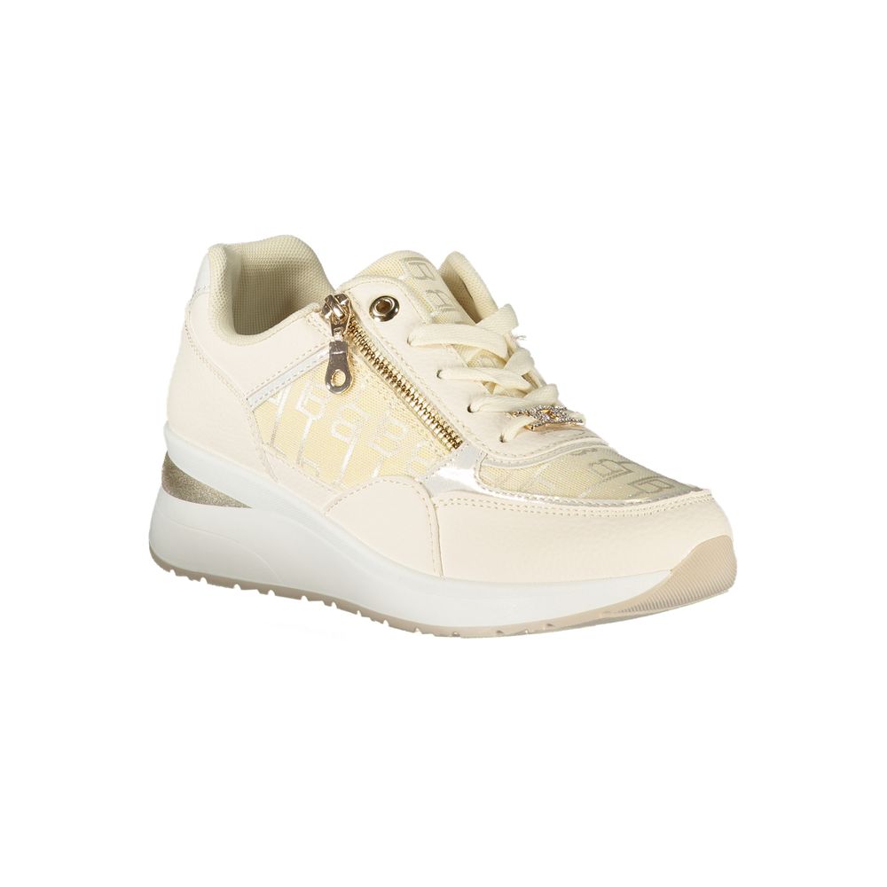 A white women's sneaker with a lace-up front, featuring a textured design and a small logo on the side