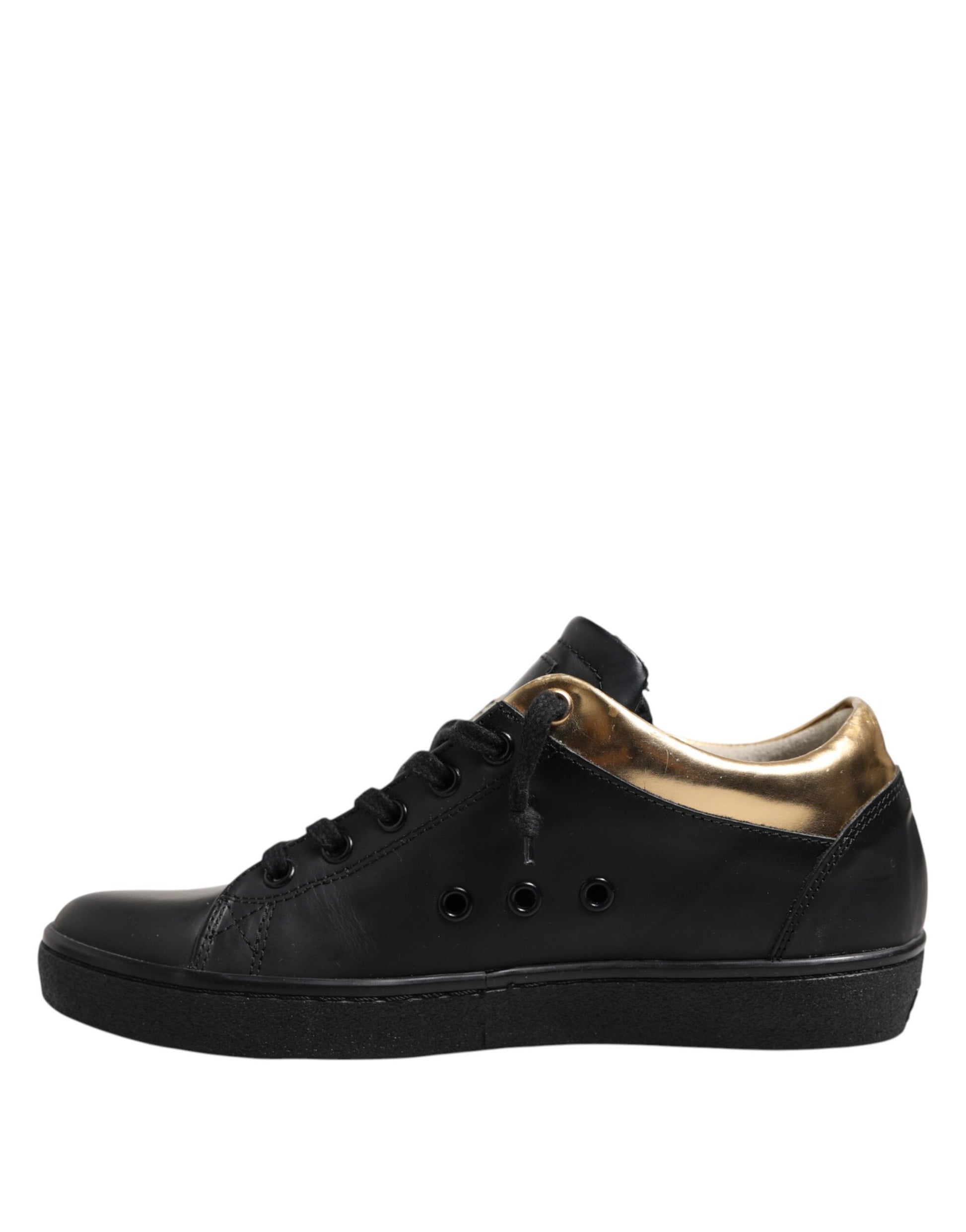 Black sneaker with gold accents on side