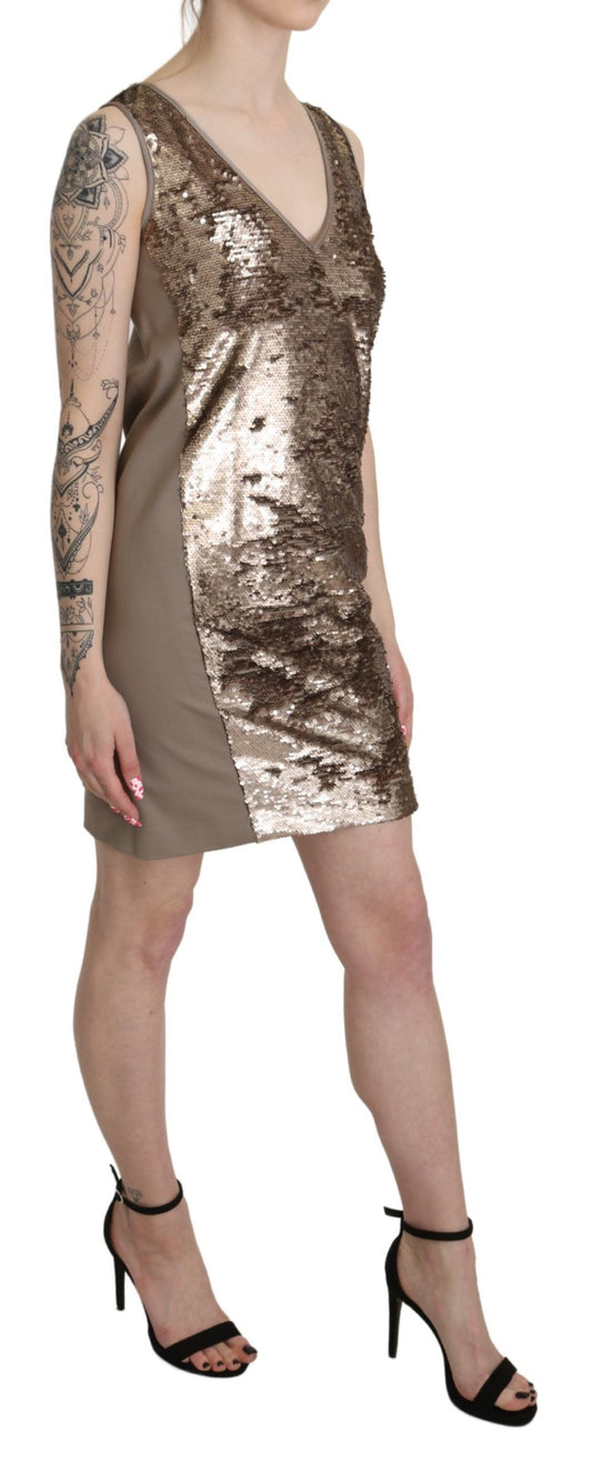 A sleeveless sequined sheath dress with a V-neck