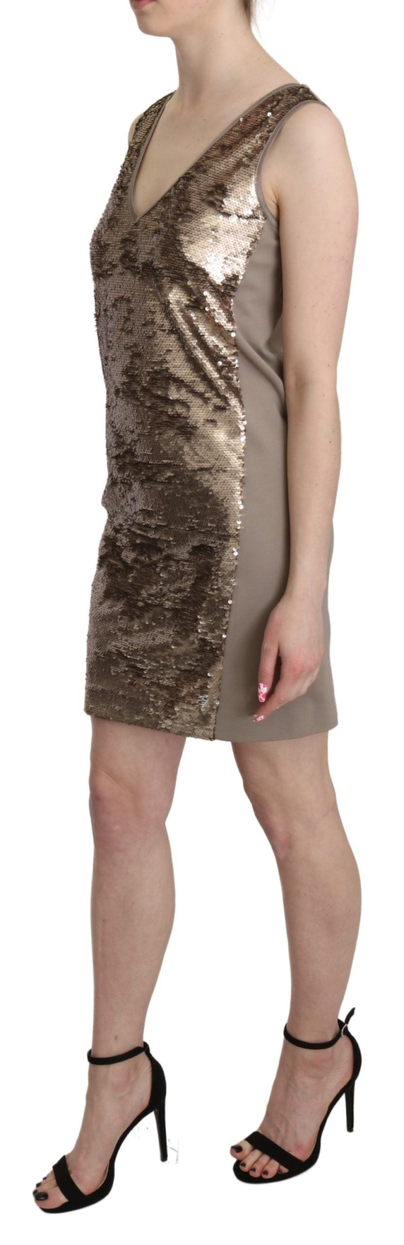 A sleeveless sequined mini dress with a V-neck