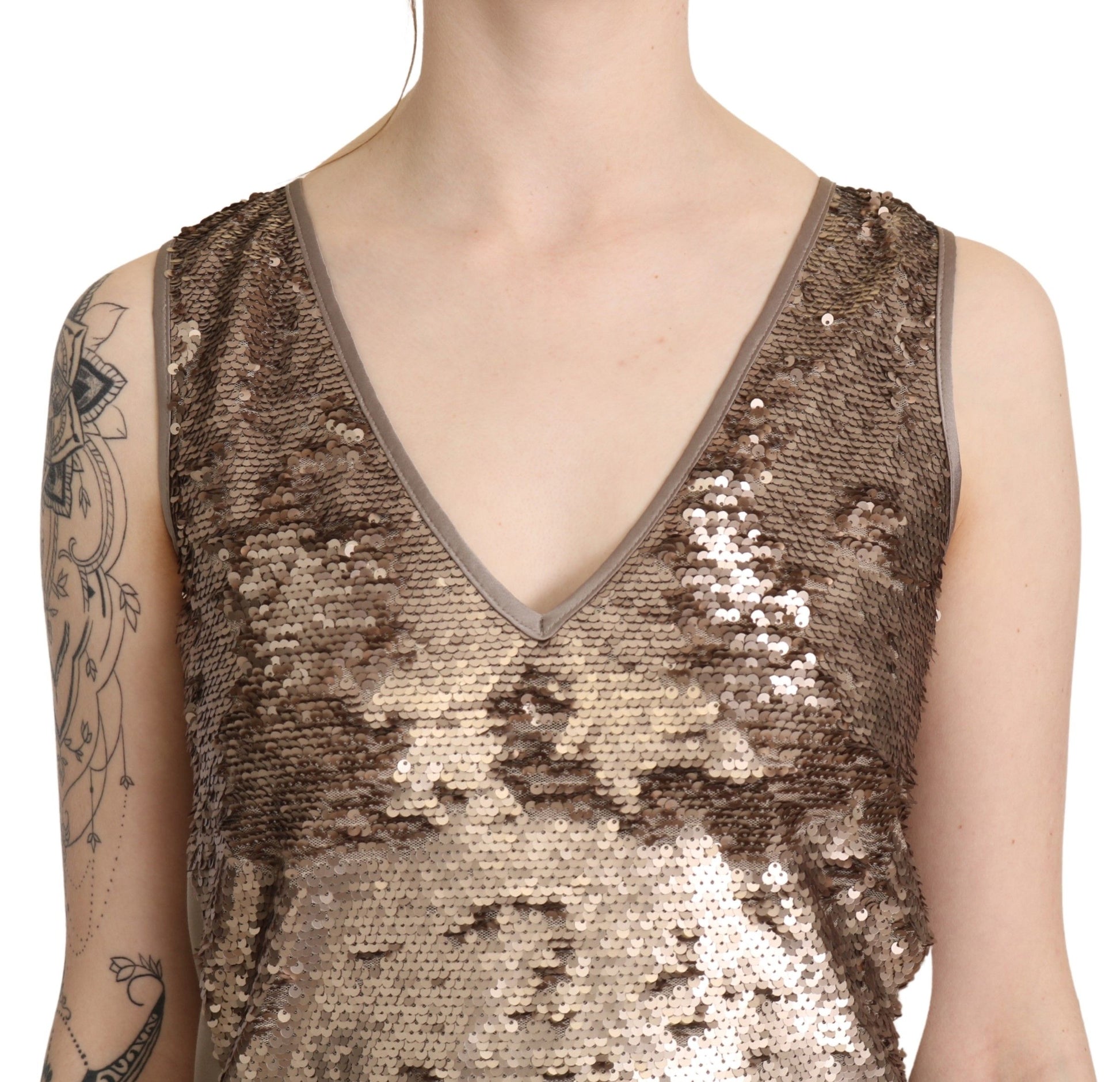 A sleeveless sequin dress with a V-neckline
