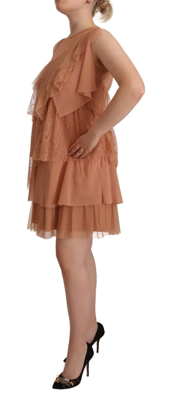 A pink lace sleeveless mini shift layered dress