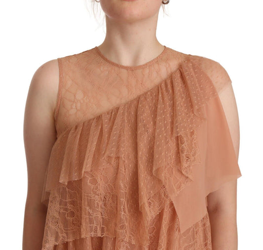A pink lace sleeveless mini shift dress with layered ruffles