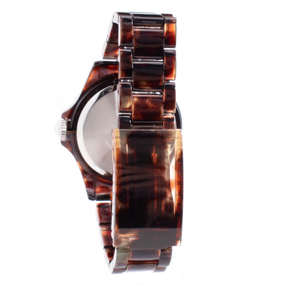 A brown polyethylene watch with a clear face and gold accents