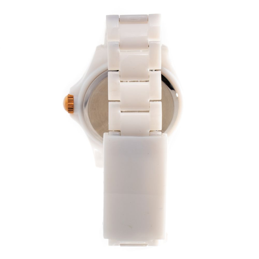 A white plastic watch with a silver buckle