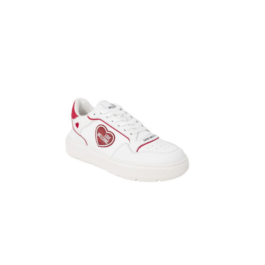 Red and white sneakers with heart logo on side