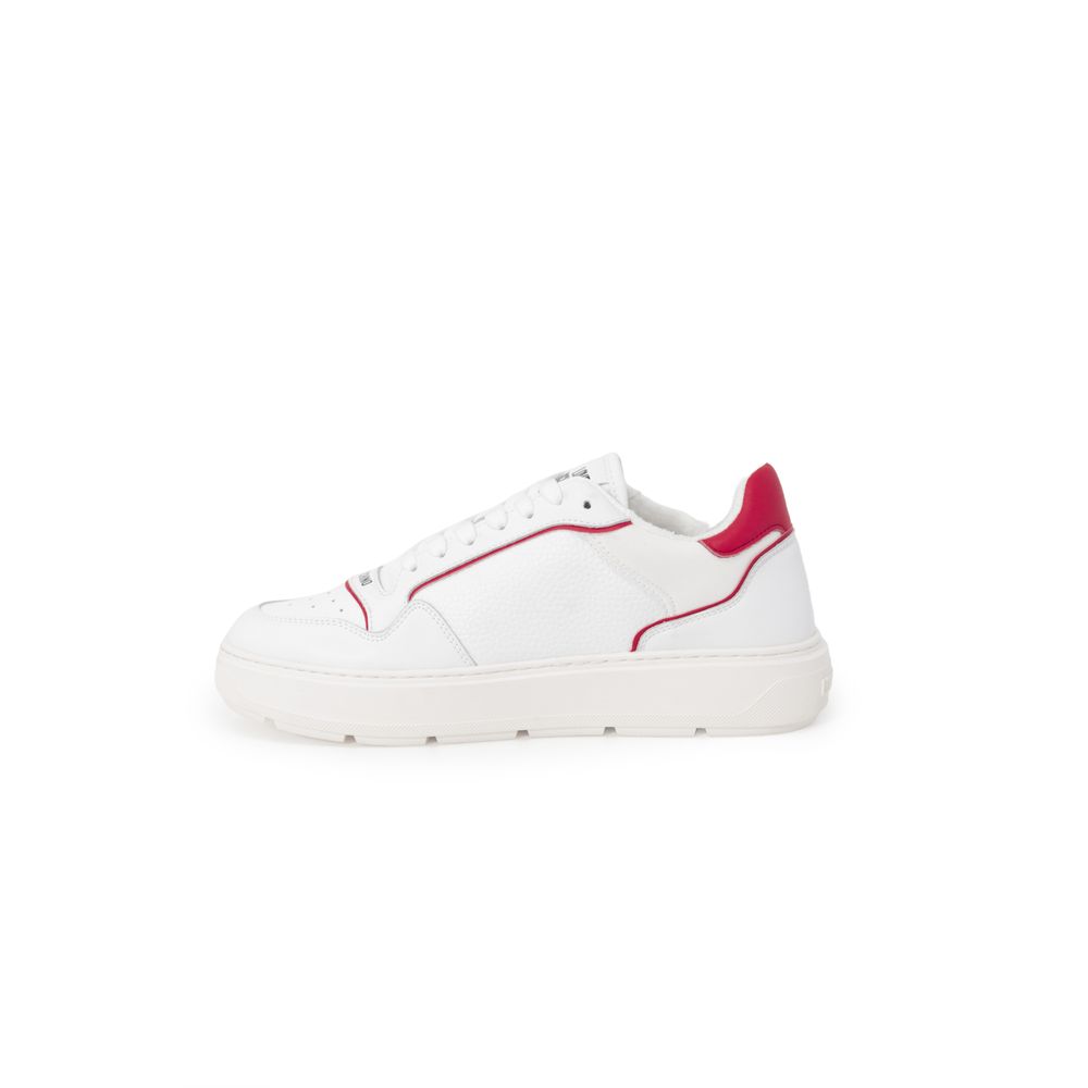 White sneaker with red accents, featuring a low top and chunky sole