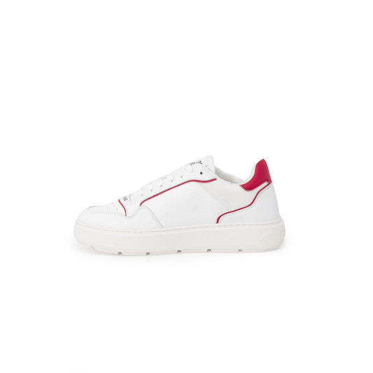 White sneaker with red accents, featuring a low top and chunky sole