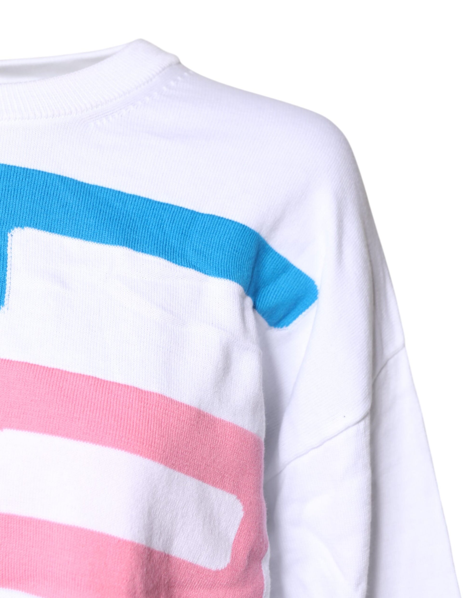 White sweater with blue and pink stripes