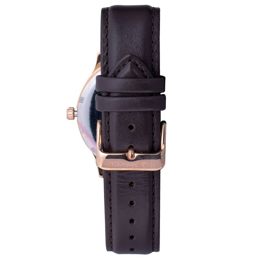 A brown leather watch with a gold buckle