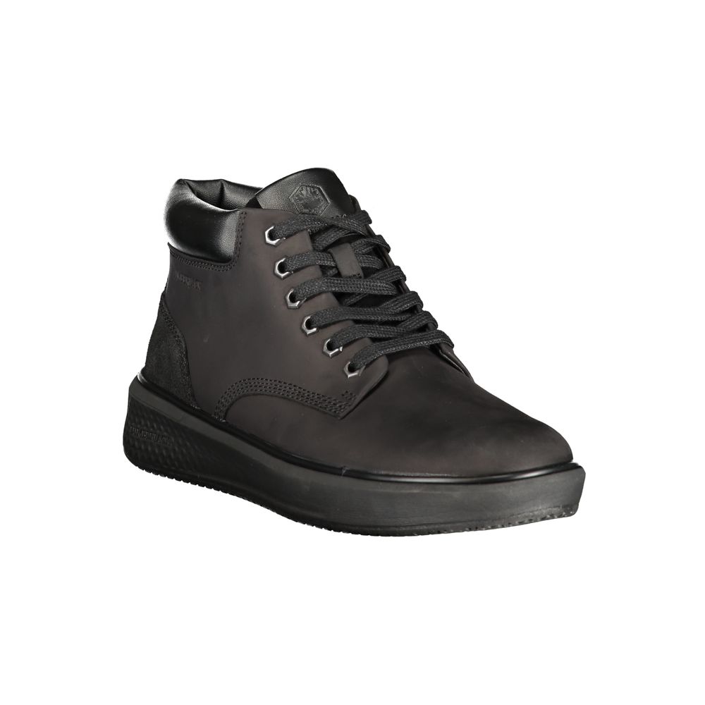 A black leather men's sneaker with laces, a thick sole, and a chunky heel