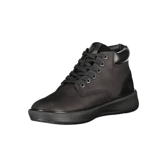 A black leather men's sneaker with laces, a chunky sole, and a rugged design