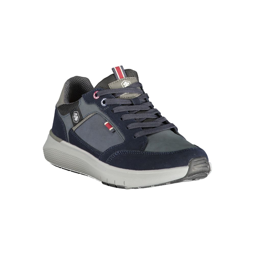 A blue polyurethane men's sneaker with white sole, laces and logo