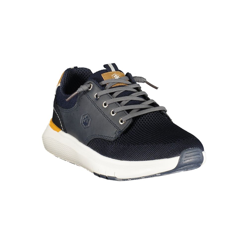 Navy blue lace up sneaker with white sole, featuring a lumberjack design on the side