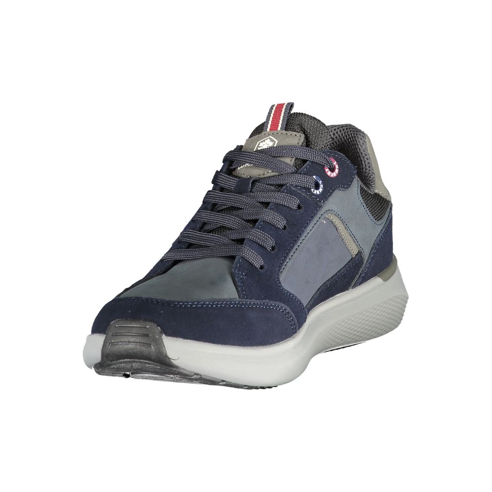 A blue men's sneaker with a lace-up front, polyurethane material, and a rugged design