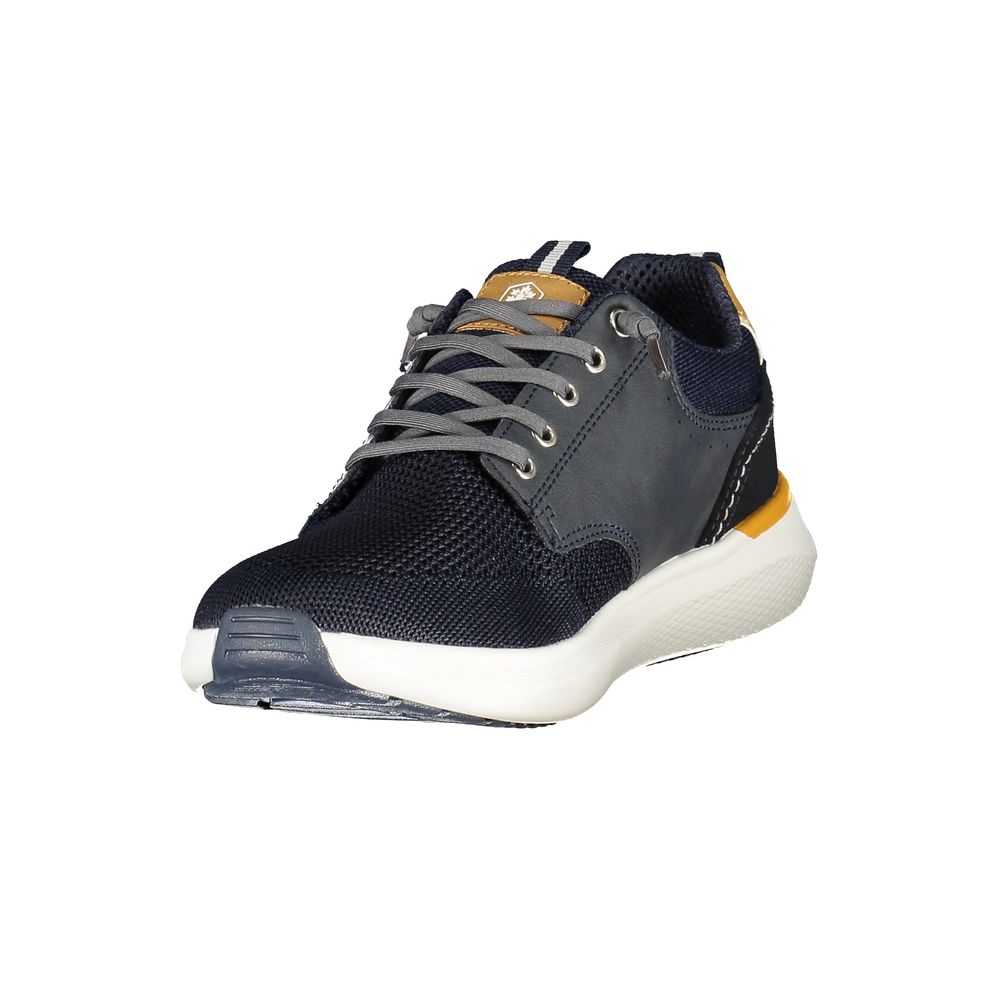 A blue men's sneaker with white laces, polyurethane material, and a rugged design