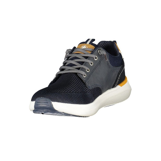 A blue men's sneaker with white laces, polyurethane material, and a rugged design