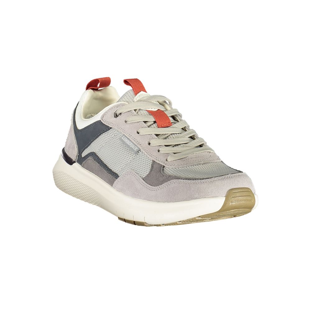 Gray sneaker with red laces, white sole, and black trim