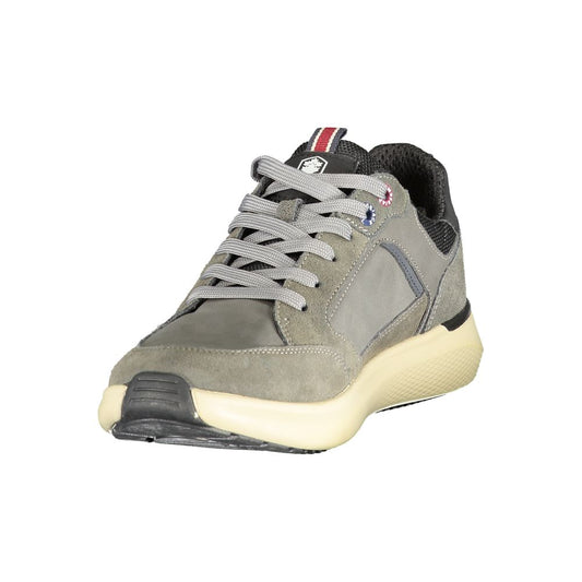 Grey and tan men's sneakers with laces, featuring a rubber sole and a textured upper
